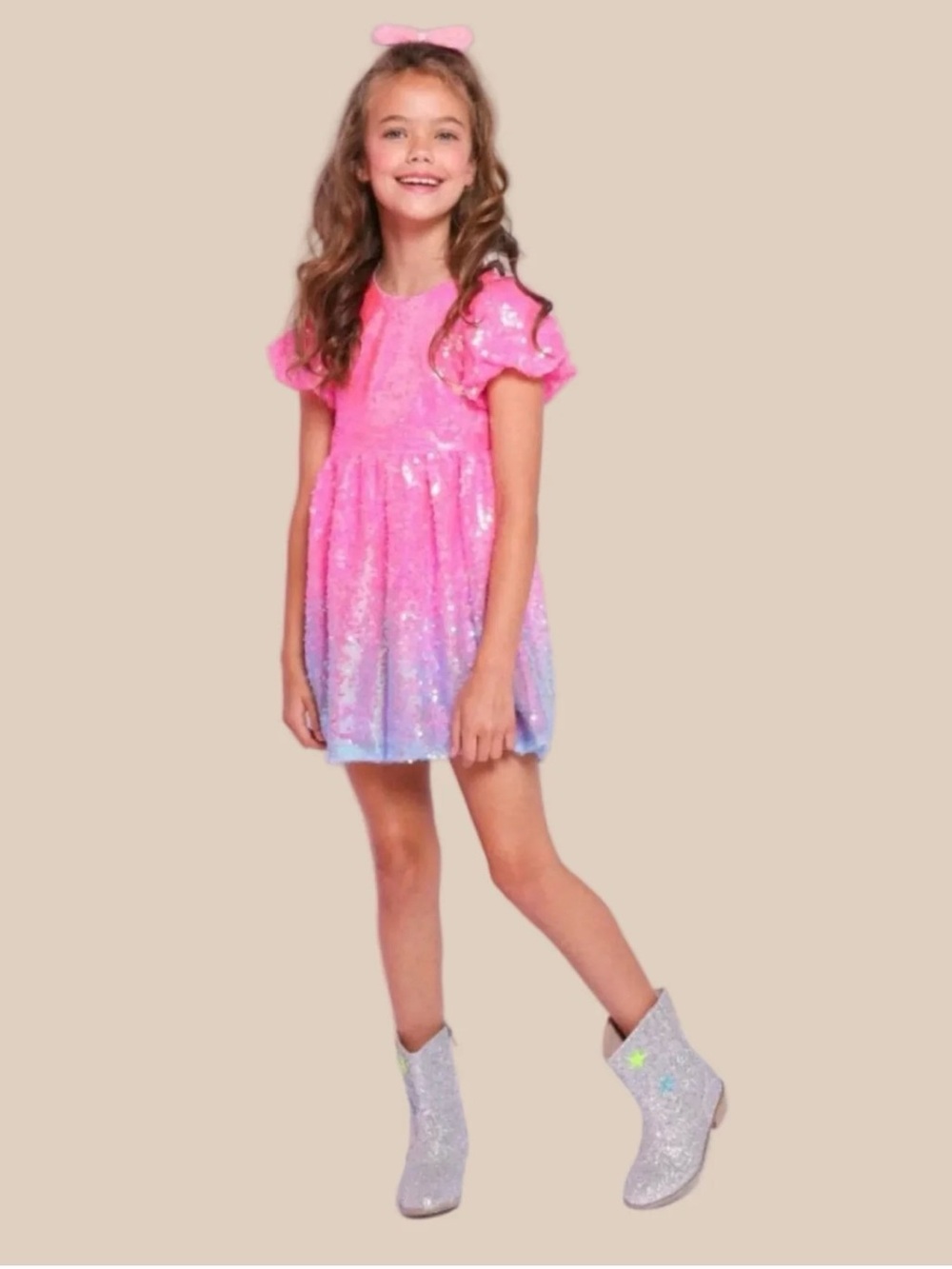 Lola + The Boys Pink Ombre Sequin Dress Short Sleeve Party Sparkle Size Girls 8 - Picture 2 of 11